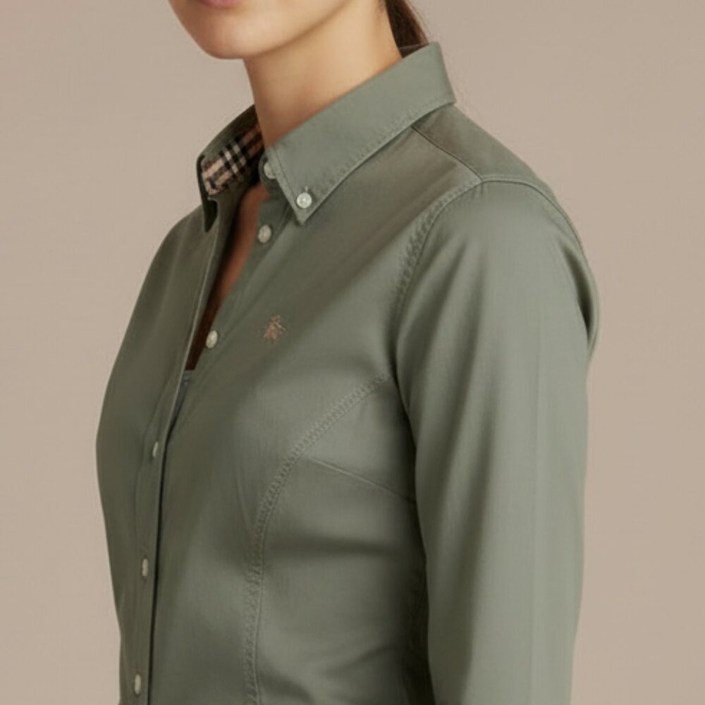 Burberry Army Green Button Down Shirt with Nova Check Trim - Picture 7 of 16